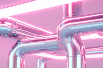 Poster - Abstract arrangement of chrome pipes reflects vibrant pink neon light, creating a high-tech and industrial atmosphere. The geometric pattern enhances the futuristic appeal of the setting