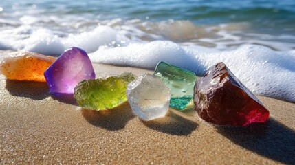 Poster - Colorful Sea Glass Stones on Sandy Beach