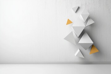 Poster - Abstract geometric shapes in a minimalist interior space with a clean white wall and vibrant yellow accents