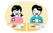 © motommy - 笑顔あふれる日本人小学生の学校の教室での給食時間：子供たちの食事風景イラスト素材