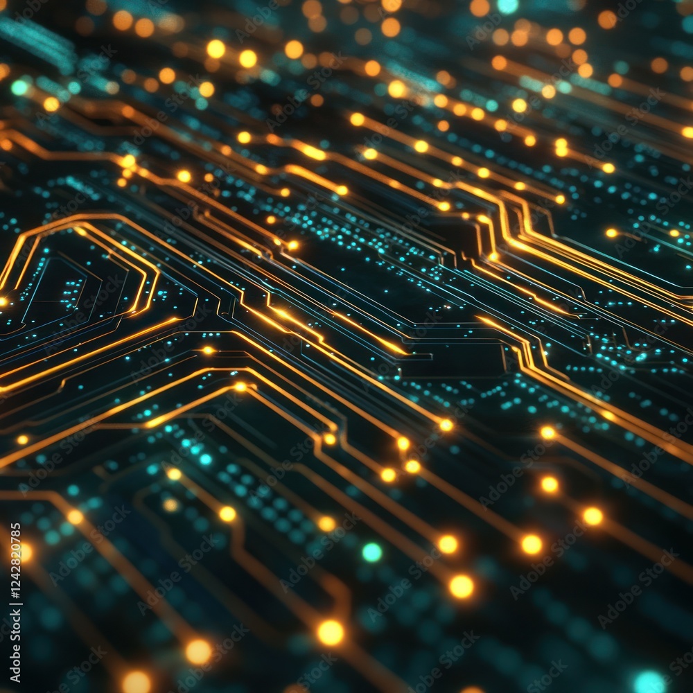 Illuminated electronic circuit board abstract background for digital technology and data processing