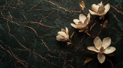 Aufkleber - Delicate magnolia flowers rest atop a rich, dark marbled surface, their soft petals contrasting beautifully with the deep hues. This arrangement highlights nature's elegance and calm