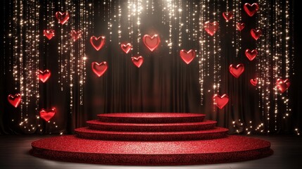 Poster - A luxurious Valentine's theme with a red chocolate-accented stage, hearts, and a sparkling glitter gradient.