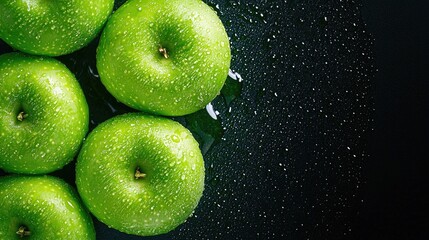 Wall Mural - Fresh green apples on dark background, water droplets. Food photography for recipes, websites