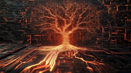 Poster - Glowing Digital Tree Network Circuitry Art