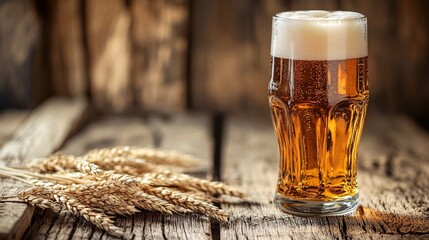 Poster - Glass of beer with wheat on a rustic wooden table
