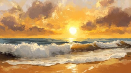 Canvas Print - Golden Sunset Over Ocean Waves Crashing Shore