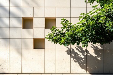 Wall Mural - Modern Beige Wall Architectural Design Green Leaves Shadow Sunlight