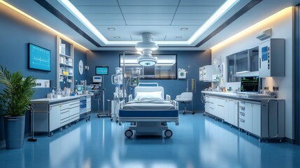 Poster - Modern hospital room equipped with a ventilator delivering oxygen to patients with sterile medical tools and medications neatly arranged for respiratory care