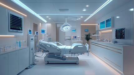 Poster - Modern hospital room featuring a capnography machine showing CO2 levels with sterile instruments and medications arranged for patient monitoring