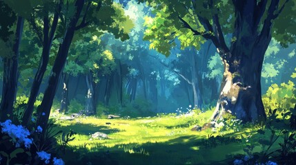 Poster - Sunlit Forest Glade With Lush Green Trees And Flowers