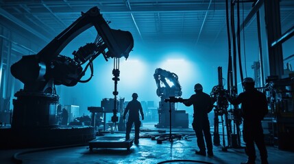 Poster - Industrial Workers Operate Large Robotic Arms in Factory