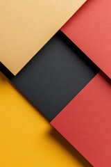 Poster - large overlapping geometric shapes in vibrant red, yellow, and black form a striking background. the