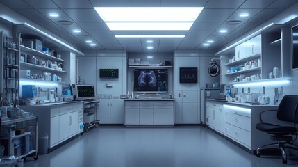 Poster - Modern medical room featuring a bronchoscope ready for lung examination with sterile instruments and medications neatly arranged for patient care