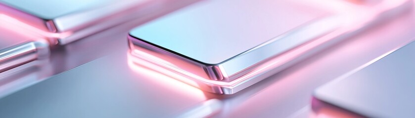 Poster - Layered metallic shapes with sharp edges glow softly from underneath with pink neon light, providing a stylish and clean space for additional text. Ideal for modern design concepts