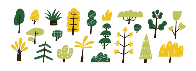 Wall Mural - Trees set in Scandinavian kids style. Abstract botanical design elements with leaves, branches and trunks. Doodle naive forest plants. Scandi flat vector illustration isolated on white background