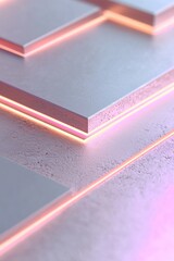 Wall Mural - Layered metallic shapes are arranged with precision, featuring sharp edges and a glowing pink neon light from below. This elegant setup leaves ample space for text to enhance visual impact