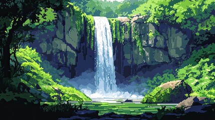 Wall Mural - Serene Waterfall in Lush Forest: A Pixel Art Landscape