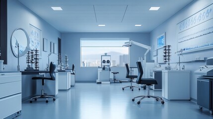 Poster - Modern ophthalmology clinic featuring an array of hightech eye examination instruments including slit lamps autorefractors and eye charts neatly arranged in a sterile environment