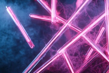 Poster - Fragmented neon lines in red and pink tones crisscross over a dark background, forming a striking abstract pattern. The central area remains clear for adding text, enhancing design versatility