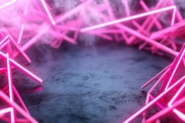 Poster - Bright neon lines in vibrant red and pink hues are scattered and fragmented over a dark background, allowing for a clean area in the center suitable for text placement