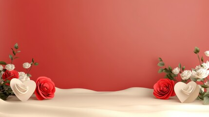 Poster - A romantic digital illustration of a red stage decorated with roses, two paper hearts, and a subtle beige gradient background.