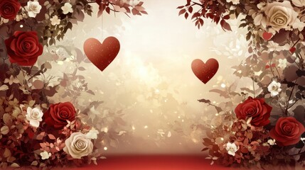 Poster - A romantic digital illustration of a red stage decorated with roses, two paper hearts, and a subtle beige gradient background.