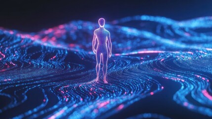 Aufkleber - Digital Human Stands on a Flowing Data Landscape