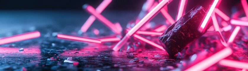 Poster - Fragmented neon lines in vibrant red and pink stretch and intertwine over a dark surface, forming an engaging visual element ideal for digital designs or presentations
