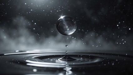 Poster - droplet causes ripples on dark reflective surface, capturing light in mesmerizing detail during tran