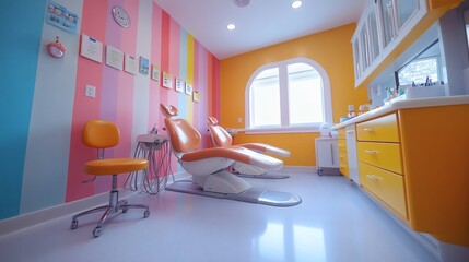 Poster - Pediatric dental office with a colorful design featuring childfriendly dental tools treatment instruments and medicine cabinets neatly arranged