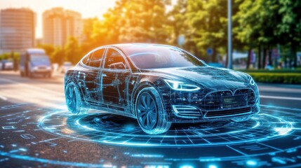 Poster - Digital Wireframe Of Modern Electric Car On City Street