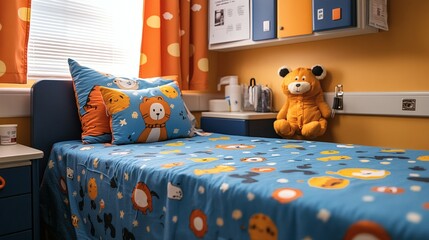 Poster - Pediatric examination bed with colorful animalthemed covers soft pillows and neatly arranged medical tools in a childfriendly brightly lit room