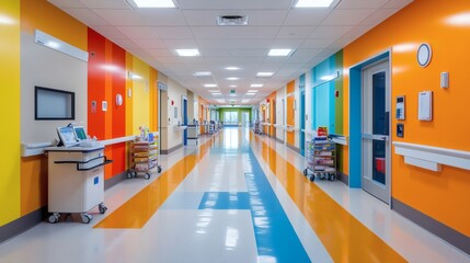 Poster - Pediatric hospital corridor with treatment instruments colorful wall designs emergency medical tools and carts with pediatric medicines and diagnostic devices