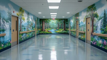 Fototapete - Pediatric hospital hallway lined with naturethemed murals soft lighting and colorful signs directing to different departments creating a calm comforting environment