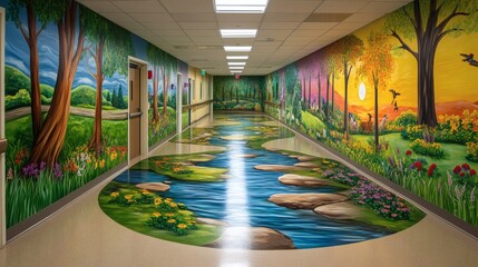 Poster - Pediatric hospital hallway lined with naturethemed murals soft lighting and colorful signs directing to different departments creating a calm comforting environment