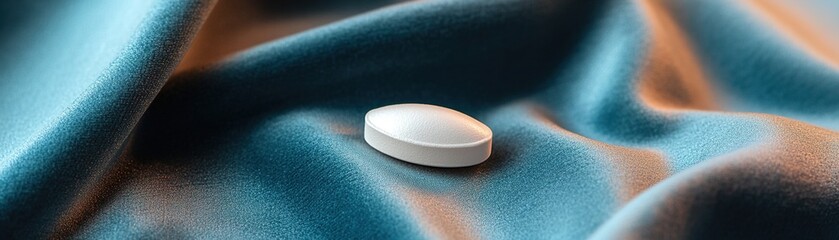 Poster - a solitary pill lies on deep-toned velvet, such as burgundy or navy, bathed in warm light that enhan