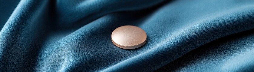 Poster - A single pill lies gracefully on rich velvet fabric, featuring deep tones of burgundy and navy, captivated by warm light that enhances its luxurious appeal and sophistication