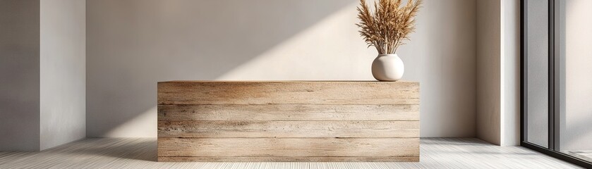 Poster - A reception area features a sleek desk made from reclaimed wood, complemented by soft ambient lighting and organic details like bamboo flooring and woven decor, enhancing the inviting atmosphere