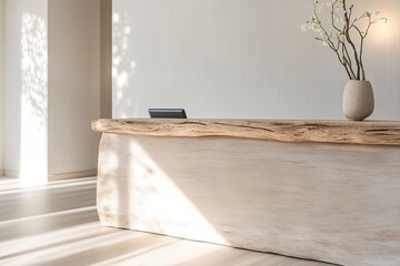 Poster - A reception desk featuring sleek lines and reclaimed wood greets visitors in a peaceful environment. Soft ambient lighting enhances the natural decor elements around it