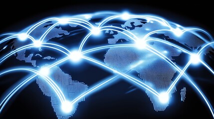 Fototapete - Global network connections, World map with glowing network connections on dark background, concept global business, internet, technology