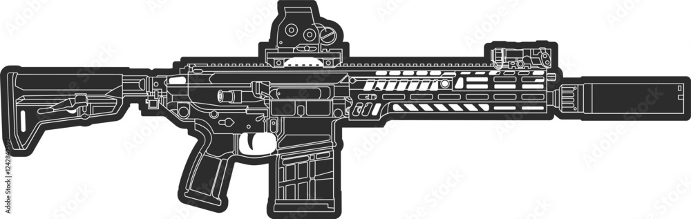 Assault rifle with optical sight and silencer in thick outline in the ...