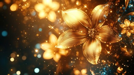 Poster - Golden Sparkling Flowers Illuminated In Dark Background