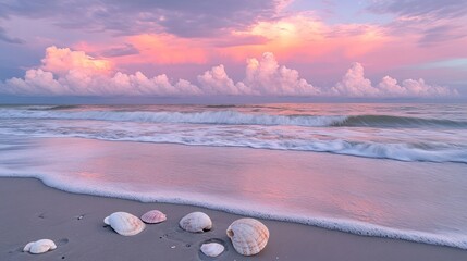 Poster - Seashells on the Beach at Sunset with Pink Clouds