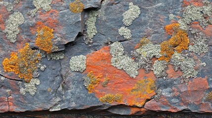 Poster - Lichen Covered Rock Surface Displays Vibrant Orange And Grey Hues
