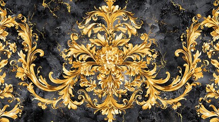 Golden baroque pattern on marble; design for fabric, wallpaper, or home decor