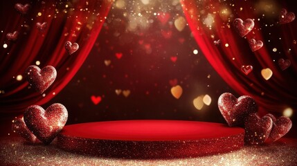 Aufkleber - A sparkling Valentine's backdrop with a round red stage, chocolate patterns, and hearts on a glitter background.