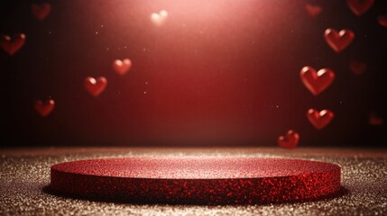 Aufkleber - A sparkling Valentine's backdrop with a round red stage, chocolate patterns, and hearts on a glitter background.