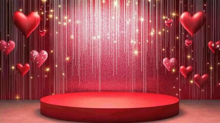 Aufkleber - A sparkling Valentine's backdrop with a round red stage, chocolate patterns, and hearts on a glitter background.