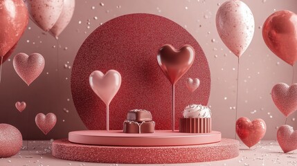 Aufkleber - A sparkling Valentine's design with a red round stage, chocolate accents, and hearts in a glitter gradient setting.